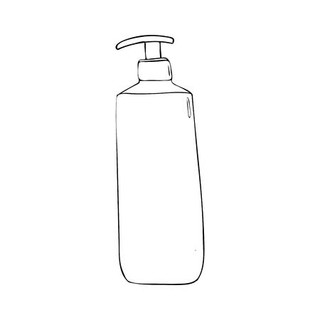 shower gel bottle with dispenser. cosmetic icon. Trendy cartoon style. Hygiene and health care illustration. Isolated beauty object soap, lotion or cream. Outline or countourのイラスト素材