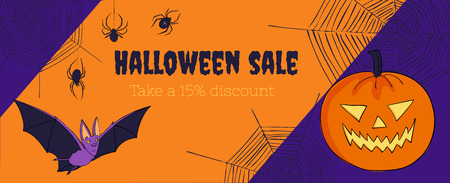 Halloween sales web banner template. Discount voucher. Image with the head of a pumpkin, bat and spiders. Cartoon styleのイラスト素材