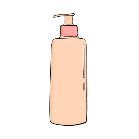 shower gel bottle with dispenser. cosmetic icon. Trendy cartoon style. Hygiene and health care illustration. Isolated beauty object soap, lotion or creamの写真素材