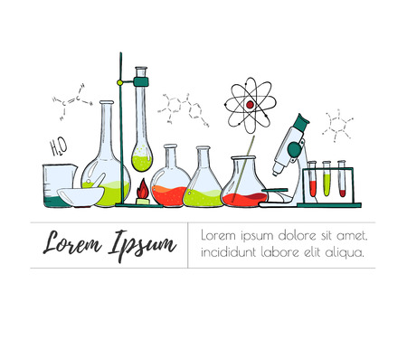 Laboratory equipment color set. Science chemistry. Microscope, Glass flasks and test tubes. Chemical experiments. Formulas, elements and atoms. objectsのイラスト素材