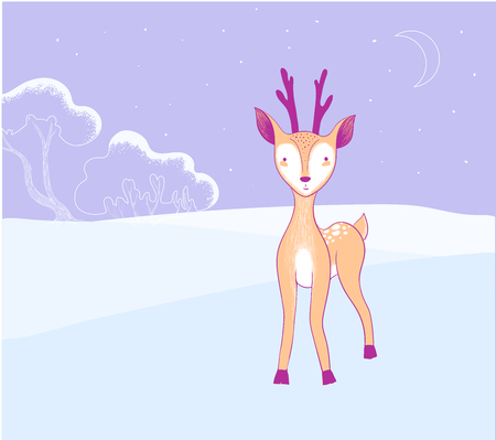 Cute baby deer in winter forest. Wildlife animal Illustration. Vector fawnのイラスト素材