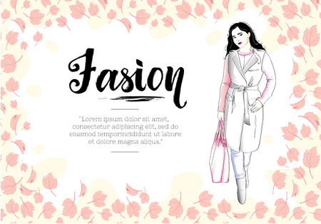 Beauty design template. Fashion woman wearing a coat, sweater and jeans, holding a bag. Autumn feminine style wardrobeのイラスト素材