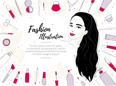 Template of a banner or flyer with space for text for beauty salon. Fashion illustration of a brunette girl portrait with long hair and beautiful make-up.のイラスト素材