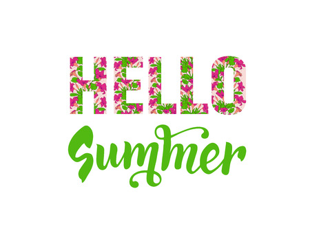 Hello summer lettering. Floral text. Isolated inscription with flower pattern. Vectorのイラスト素材