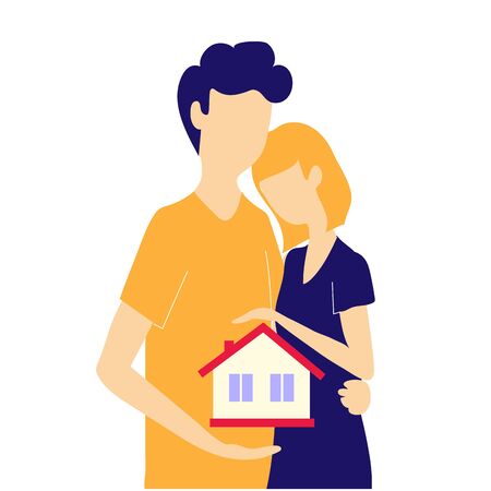 A married couple is buying a house on a mortgage. Real estate loan. Home insuranceのイラスト素材