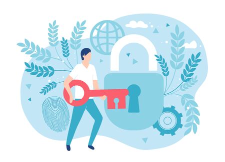 A man opens or closes the lock with a key. Hacking and data security. Banner templateのイラスト素材