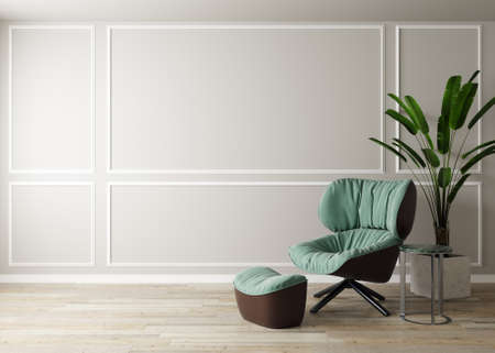 bright room with white wall and moderm furniture in scandinavian style for mockup. Living room for mockup. 3d renderingの写真素材