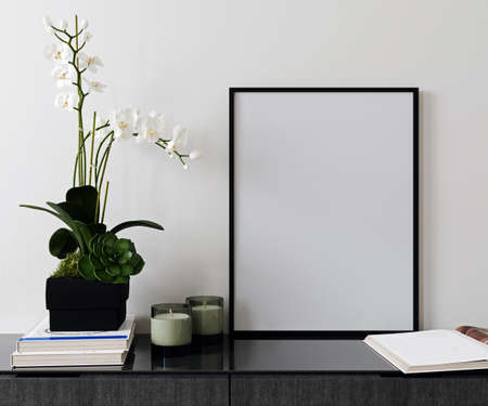 mockup poster frame in modern interior background, Scandinavian style, 3D render, 3D illustrationの写真素材