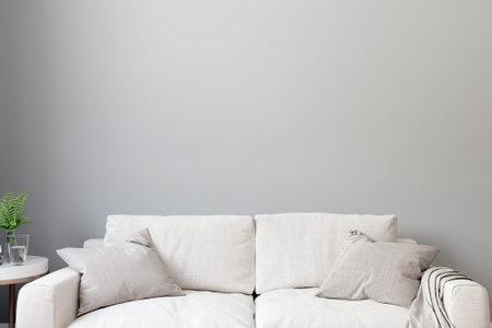 Modern living room interior background, Scandinavian style, 3D illustration. Living room mockup