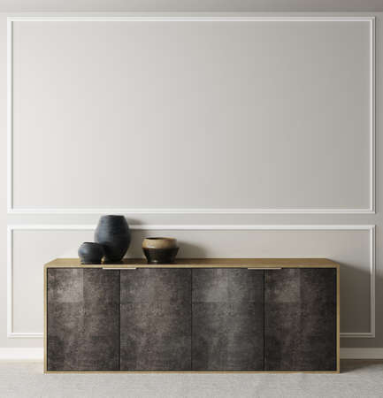 Poster, wall mockup with cabinet and decor in interior background, 3d renderingの写真素材