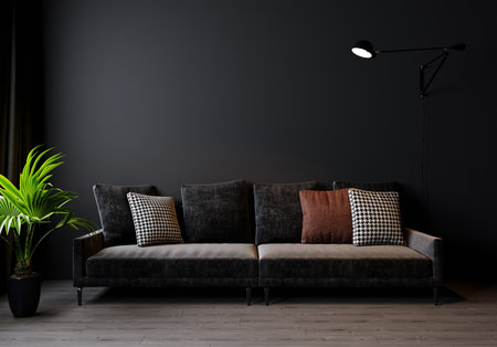 Modern living room interior background, dark wall, Scandinavian style, 3D illustration. Living room mockup. 3d renderingの写真素材