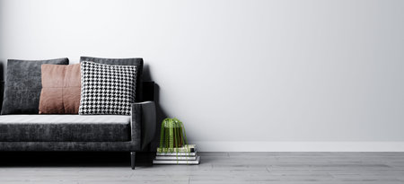 Modern interior background, wall mock up, Living room mockup with gray sofa and plant. 3d renderingの写真素材