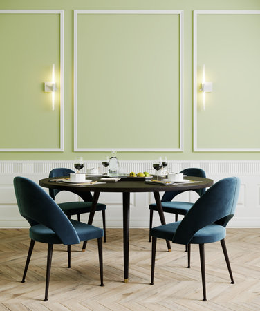 Dining room with blue chairs and lamps, light green empty wall mock up, 3d renderingの写真素材