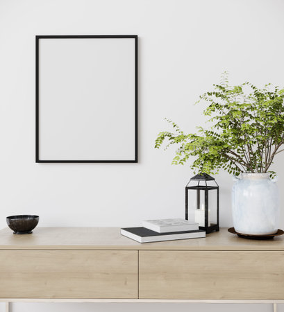 mockup poster frame in modern interior background with plant, Scandinavian style, 3D render, 3D...