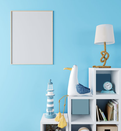 mock up poster frame in children room, Scandinavian style interior background with blue wall, 3D...