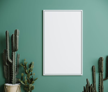 Blank frame on green wall mock up with cactus, vertical white poster frame on wall, mock up for...