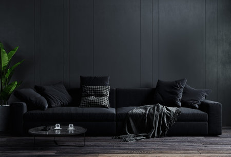 Stylish dark living room interior background, black wall, Scandinavian style, 3D illustration. Living room mockup. 3d renderingの写真素材