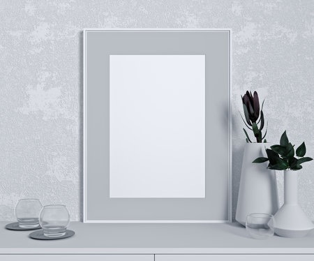 White wall mock up in modern interior, close up with green plant on white table, minimal design, 3d renderingの写真素材