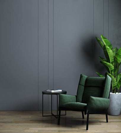 Home interior, luxury modern dark living room interior, black empty wall mock up with green armchair, 3d renderingの写真素材