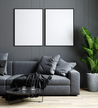 Frame mockup in living room interior, gray sofa, coffee table, fresh plants wooden floor, gray wall,...