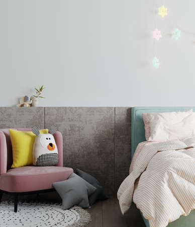 Mock up wall in the bright children's room in white wall background.3d renderingの写真素材