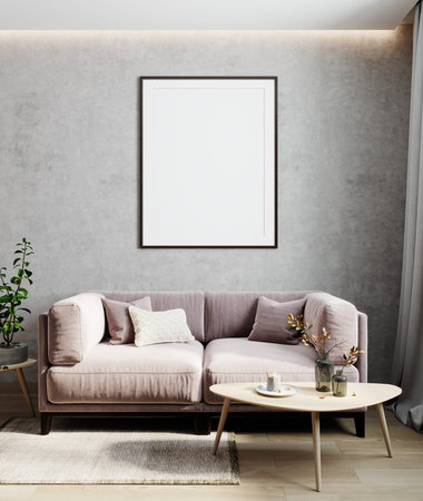 Modern interior living room, empty wall mockup in light room with pastel pink sofa, wooden table and...