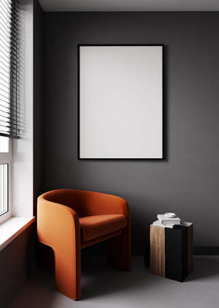 Mock up poster frame on dark gray wall and bright orange modern furniture, minimal design, 3d render, 3d illustrationの写真素材