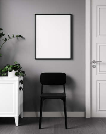 Mockup poster with chair, home decoration and plant, 3d render, 3d illustration.の写真素材