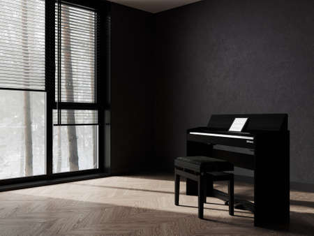 Black grand piano near dark wall in empty room, luxury interior mockup, 3d renderingの写真素材