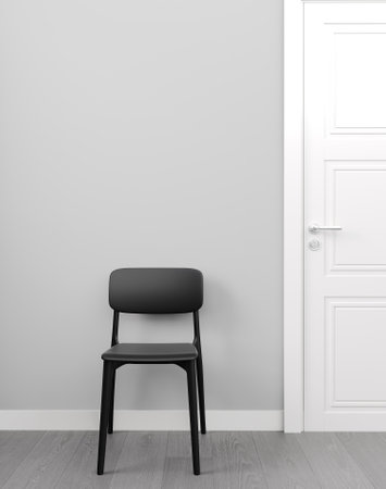 Empty wall mock up with black chair, door and wooden floor, 3D rendering.の写真素材