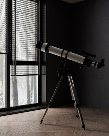 telescope in stylish dark interior background with window and wooden floor, 3d renderingの写真素材