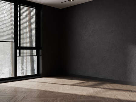 Empty room mockup with wooden floor, window and empty black wall, 3d renderingの写真素材