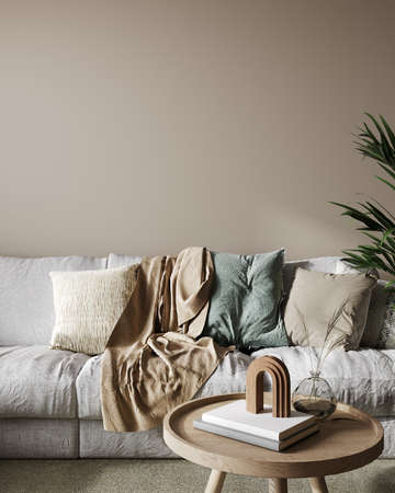 Home interior mock-up with modern white sofa, table and decor in living room, 3d renderの写真素材