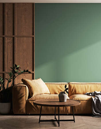 Modern home interior mock-up with brown sofa, table, and decoration in the living room, 3d renderの写真素材