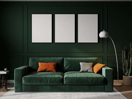 Poster mockup in home interior with green sofa, table and decor, 3d renderの写真素材