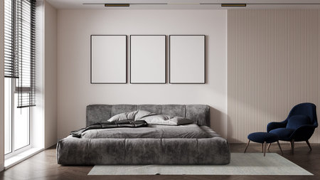 Mockup posters on light wall with a cozy bed, blue armchair and floor lamp, white background, 3d...