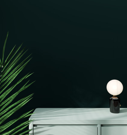 Interior wall mockup close up on dark green wall with decor on shelf, 3d render