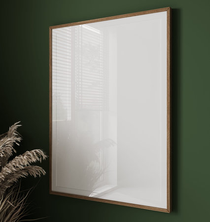 blank wooden vertical frame mock up with pampas grass on green wall background, 3d rendering