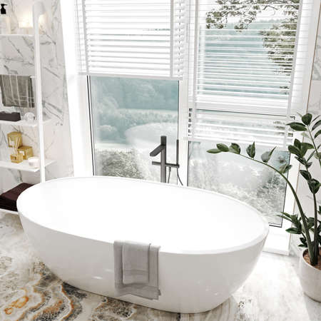 Interior of a white marble bathroom with a bathtub, 3d renderingの写真素材