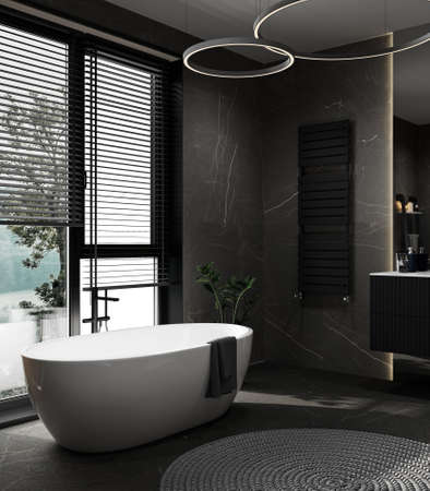 Modern luxury black bathroom with black marble tile, bathtub, plant and large windows nature light shining in to the room, 3d renderingの写真素材