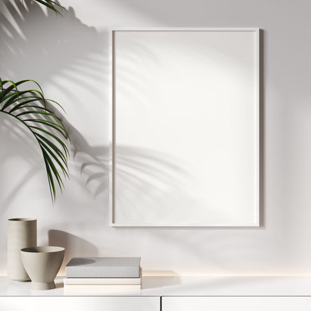 Picture mockup with white vertical frame on white wall with palm leaf shadow, 3d rendering