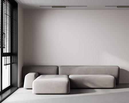 Green bedroom with gray bed on the wall in home bedroom interior.