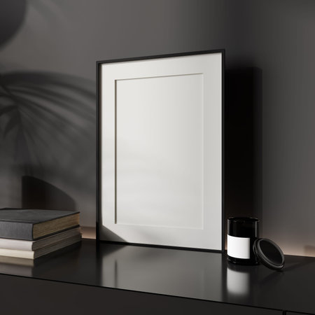 mock up poster frame in Luxury dark living room interior background, black empty wall mock up,...