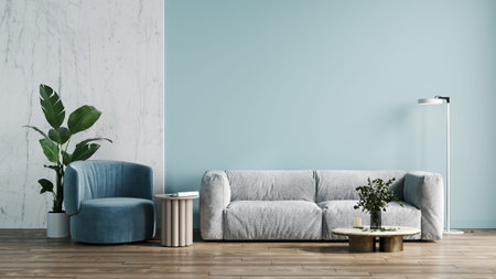 Living room interior mockup with gray sofa, armchair, plant and coffee table on green wall...