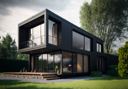 exterior concept sketch of a modern minimalist cozy house with garden in 3d rendering style; Generative AIの素材