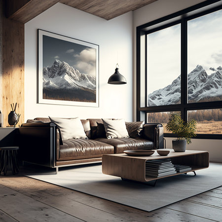 Modern living room close up, mountains view, Generative AIの素材