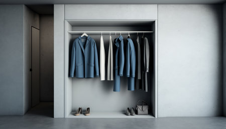 minimal closet with wardrobe in empty concrete wall with blue man clothes, Generative AIの素材