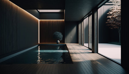 Modern swimming pool in stylish wooden interior, black wall and terrace, Generative AIの素材