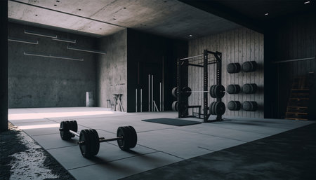 Modern gym interior with sport and fitness equipment, fitness center inteior, inteior of crossfit and workout gym, loft, Generative AIの素材