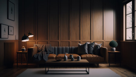 Luxury wooden living room interior concept with leather couch, Generative AIの素材